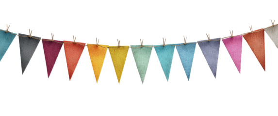 String of triangle bunting with clothespins on transparent background