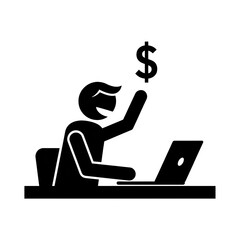 Person at desk with laptop and dollar sign on transparent background computer money