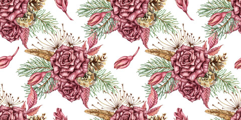 Burgundy roses, fir branches, cones, dried flowers and leaves seamless pattern watercolor illustration. Isolated, suitable for Christmas and New Year wrapping paper, fabric, invitations, cards 