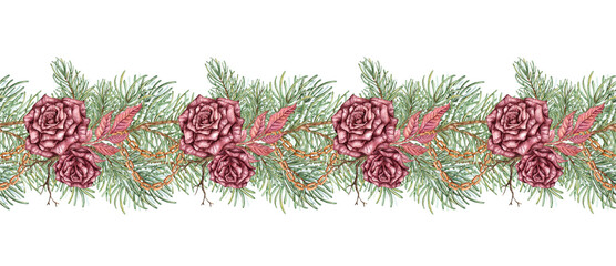 Burgundy roses, fir branches, dry twigs, chains, - seamless pattern horizontal watercolor illustration. Isolated. Vintage steampunk Christmas and New Year design for wrapping paper, textiles, cards