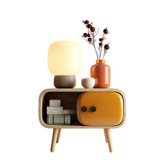 Nightstand with lamp, vase, & books. Small accent decor