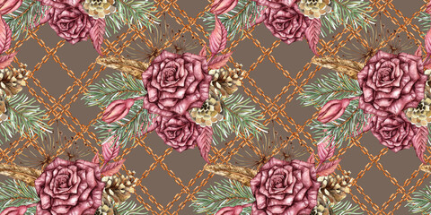 Burgundy roses, fir branches, cones, dry branches, dried flowers, leaves and chains - seamless pattern, watercolor illustration. Earth tone isolated, suitable for Christmas and New Year wrapping paper