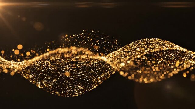 Golden Data Flow Abstract Neural Network with Sparkling Particles and Lens Flares