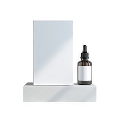 Serum bottle and box on base, minimal lighting, dark background