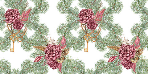 Burgundy roses, fir branches, cones, dry branches, dried flowers, cl and chains - seamless pattern, watercolor illustration. Isolated, suitable for Christmas and New Year wrapping paper, fabric, 