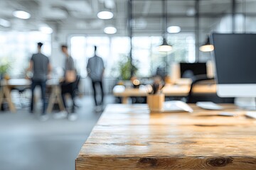 Close up of a textured wooden desk surface in a bright, modern office environment with blurred colleagues in the background
