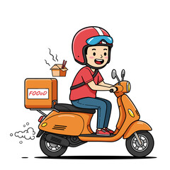 A vector illustration of a cartoon man riding a red vintage scooter on the road