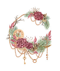 Wreath of burgundy roses, fir branches, cones, chains, key, pendant, gears and clock elements. Watercolor illustration in steampunk style for Christmas and New Year decor. Isolated from background.