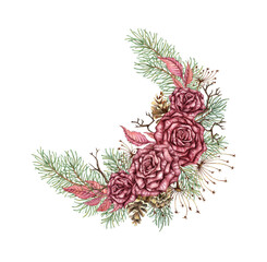 Wreath of burgundy roses, fir branches, cones, dried flowers, dry branches. Watercolor illustration in steampunk style for Christmas and New Year decor. Isolated from the background.