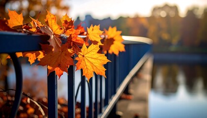 Autumns Embrace Vibrant Maple Leaves Adorn Bridge Railing with Scenic Park in Sunlight.