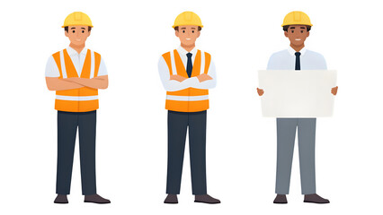 Three Construction Workers in Hard Hats and Vests on transparent Background team people
