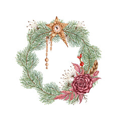 Wreath of burgundy roses, fir branches, cones, chains, gear pendant and star. Watercolor illustration in steampunk style for Christmas and New Year decor. Isolated from background.