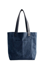 Navy tote bag with leather handles on a clean, dark background