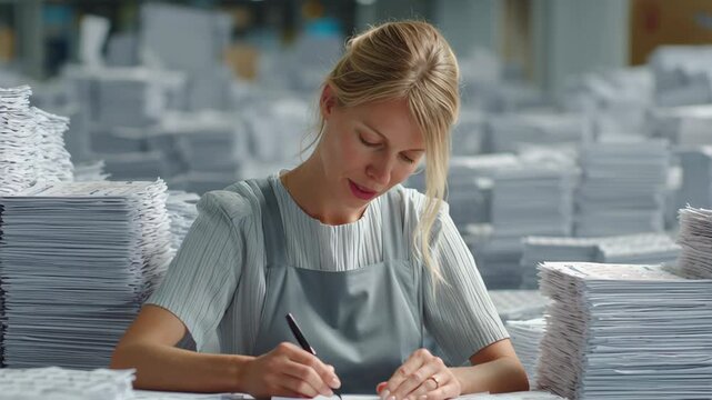 Smiling woman desk performing monotonous paperwork task signing and sorting stacks of documents office station with focused calm