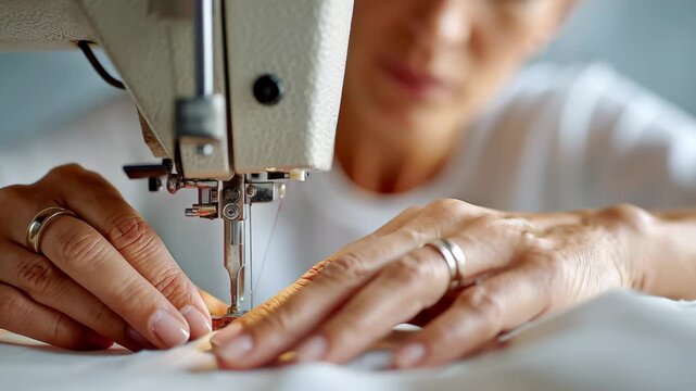 Hand guiding fabric through sewing machine with needle and thread as focused seamstress turns monotonous task into meditative