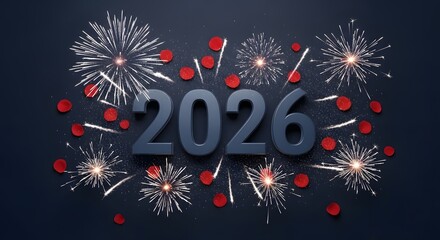 Spectacular 2026 happy new year design featuring fireworks and rose petals against a dark backdrop, perfect for celebrating the arrival of the new year