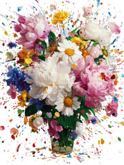 Abstract floral bouquet in vase with pastel colors and vibrant splatters