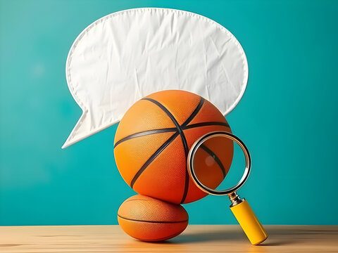 Two basketballs, a magnifying glass, and a blank speech bubble are arranged against a blue background
