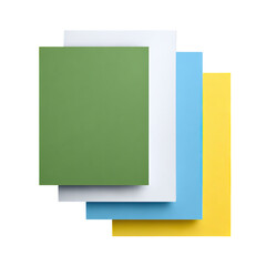 Stacked, overlapping square paper in green, white, blue, and yellow