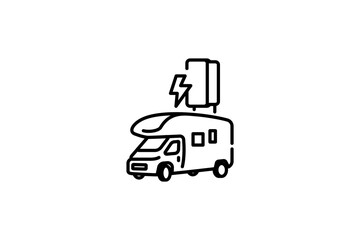 Collection of line icon of electric car charging station. Template design of  art symbol for green transport and renewable energy theme. Black color on object isolated on white background.