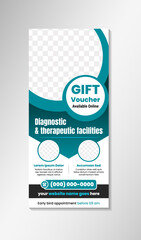 diagnostic therapeutic facilities healthcare and medical pull up banner stand. hospital vertical layout poster with space for photo. single template design use combination blue and black on element