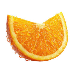 Juicy orange slice, bright, glistening with droplets, isolated on black