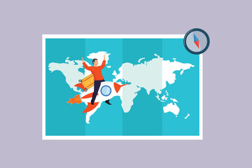 Travel experience people riding a rocket. Travel Experience Concept. Colored flat vector illustration isolated