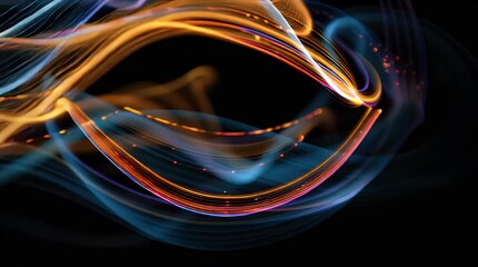 Dynamic abstract light trails with glowing orange, blue, and purple waves on black - Powered by Adobe