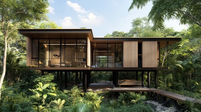 Modern eco-cabin in lush rainforest, elevated on stilts