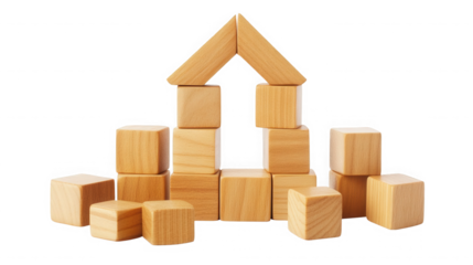 A simple house made of wooden blocks stacked on top of each other on a black background studio shot on transparent background
