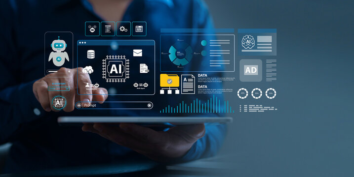AI agent and generative artificial intelligence concept. Businessman using AI agents on screen including chatbots, AI assistants, and data analytics tools on a laptop. LLM, Ai agentic workflows. ML.