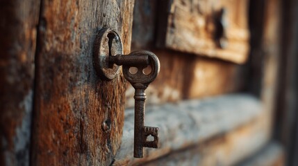Vintage key in an old wooden door lock showcasing intricate details and rich textures, symbolizing security, mystery, and history with a rustic aesthetic.