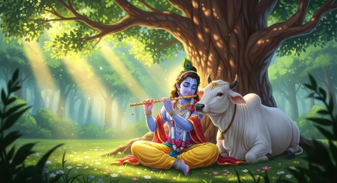 Krishna playing flute with cow in forest