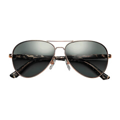 Aviator-style sunglasses with dark lenses, ornate arms on a black field