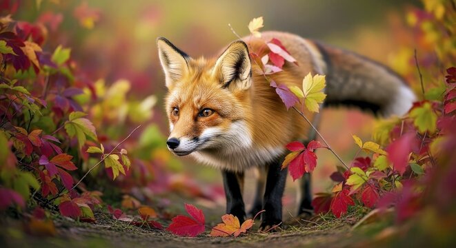 A red fox emerging from autumn foliage 3