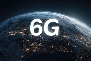 Digital Earth at night with glowing '6G' text, symbolizing next-gen connectivity