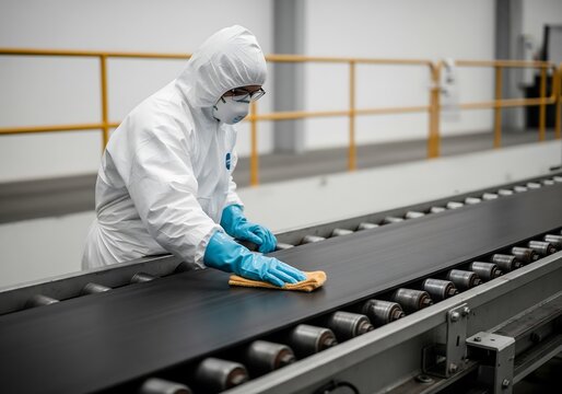 Cleaning Conveyor Belt in Industrial Facility Hygiene Process Factory Environment Close-Up View