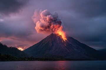 Dramatic twilight eruption of a towering volcano, spewing lava and ash over water