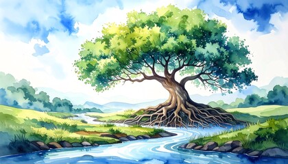 Vibrant watercolor painting of a massive tree with sprawling roots over a winding river in a lush green landscape, symbolizing nature, life, strength, growth, and clean water sources