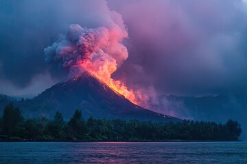 Volcano erupting at night, fiery lava flow and smoke under a dramatic cloudy sky