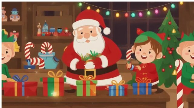 Santa Claus and his little elf helpers preparing Christmas gifts in the festive workshop