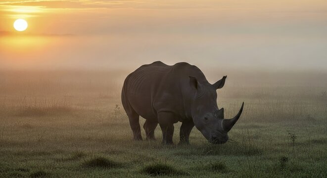 A rhinoceros in a misty grassland at dawn 4