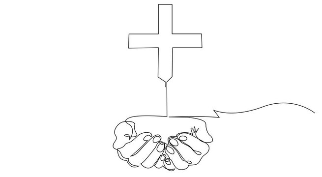 Animated Continuous one line drawing of cross in hands And bible praying Jesus vector illustration. Simple Cross And Bible one line art Jesus single line art animation.