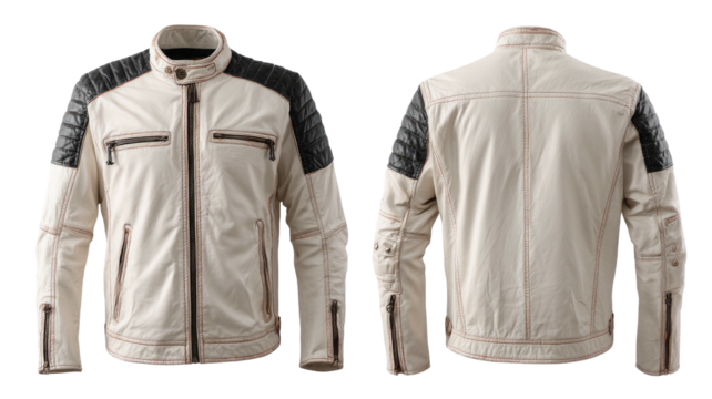 Cream jacket, black shoulder detail, presented front and back views