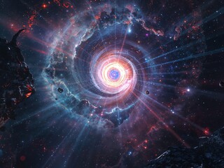 Fototapeta premium Cosmic Swirling Galaxy Nebula: Vibrant Spiral Galaxy in the Night Sky with Rays and Stars - Stunning Abstract Astronomy Artwork and Ethereal Universe Background