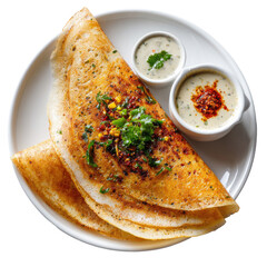 Thin crispy crepe topped with herbs served with two dipping sauces