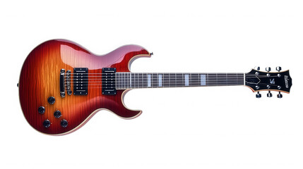 A sunburst electric guitar with a black headstock on a black background in a studio shot on transparent background