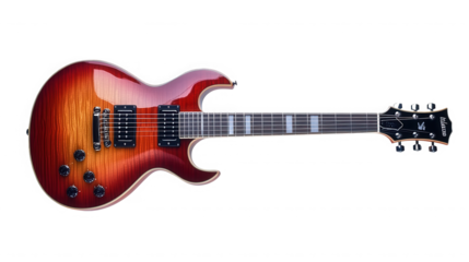 A sunburst electric guitar with a black headstock on a black background in a studio shot on transparent background