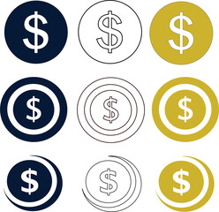 Dollar sign coin vector collection in line, flat, and gradient styles for finance, trade, and wealth illustrations.

