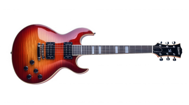 A sunburst electric guitar with a black headstock on a black background in a studio shot on transparent background
